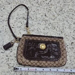 Coach Signature Canvas Wristlet With Brown Patent Leather Front Pocket